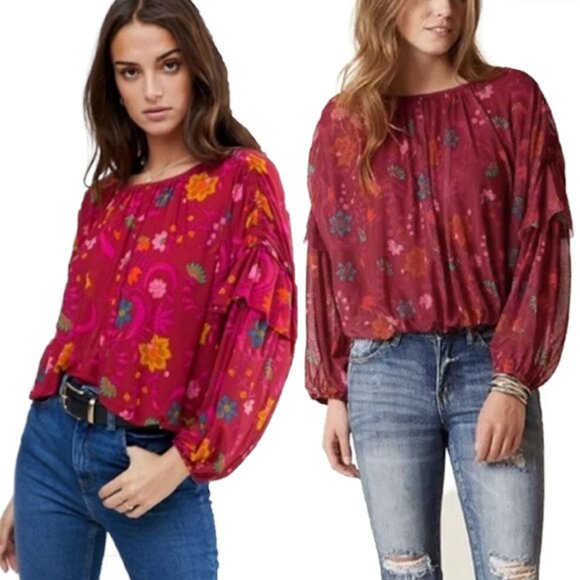 Free People Wild Flower Honey Blouson Floral Peasant Top Red Berry Women’s Small - Picture 1 of 13